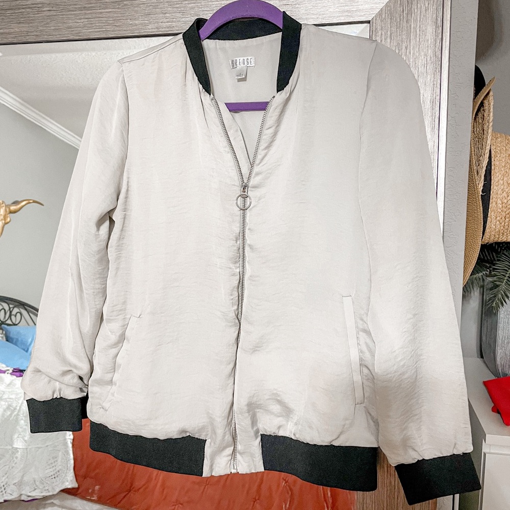 Spense Grey Satin Look Bomber Jacket Black Trim S